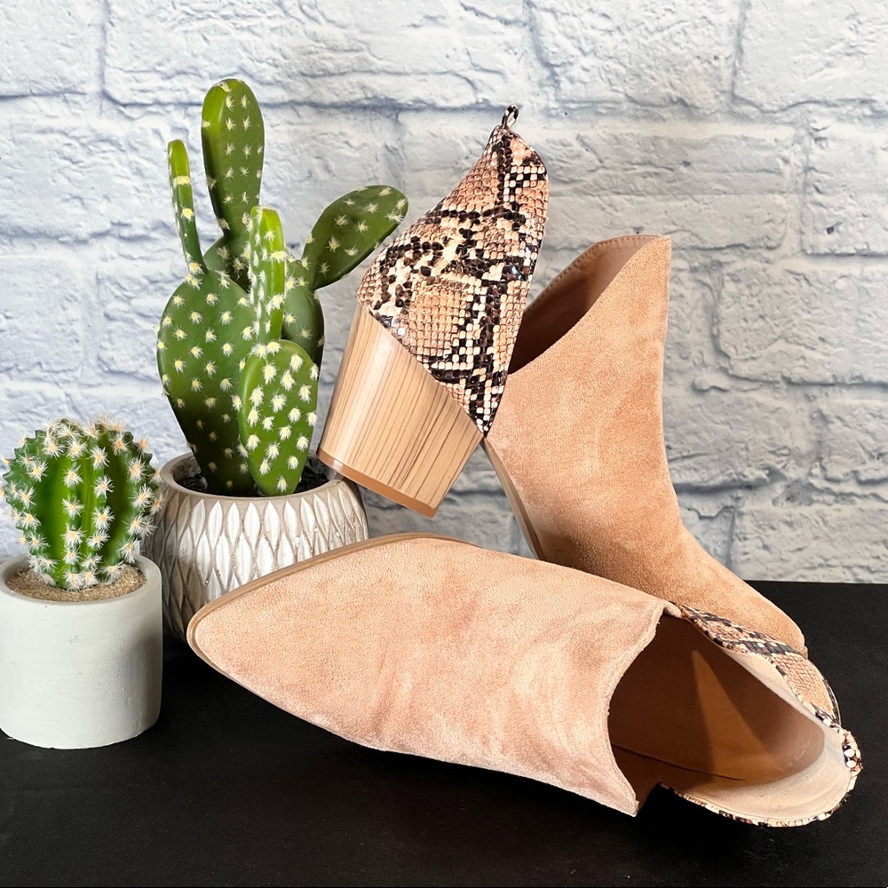Tan Faux Suede Snakeskin Print Block Heel Ankle Booties Pointed Toe Boots